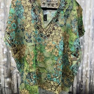 Chaudry Vibrant Floral Embellished Tunic - Teal, Green & Gold NWT Size Medium